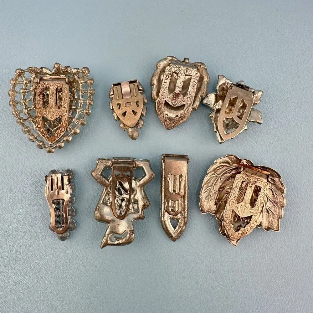 Vintage Rhinestone Dress Fur Clip Lot Silver Tone Art Deco Floral Some Pot Metal